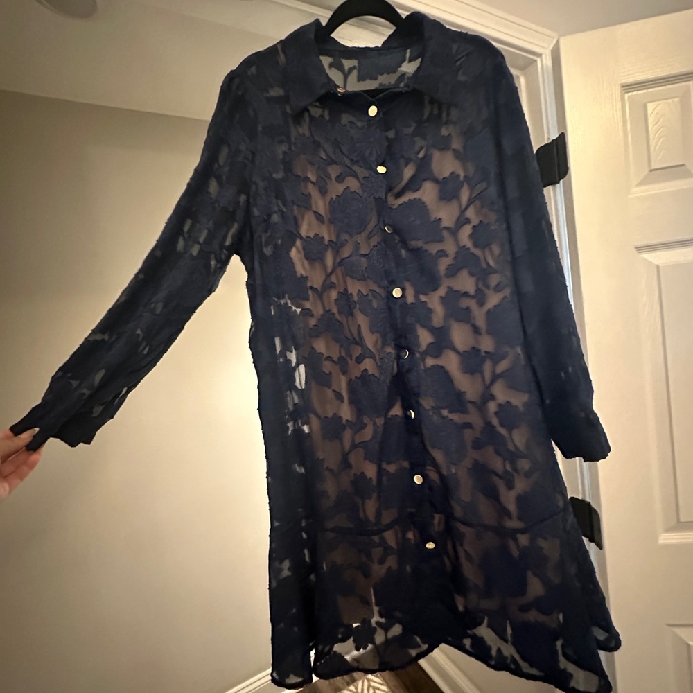 Navy Sheer Lace Button-Up Dress